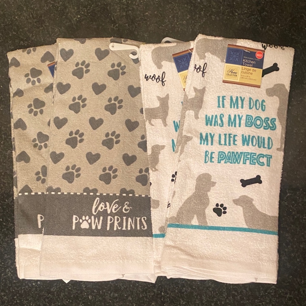 100% Cotton Set Of 4 Dog Themed Kitchen Towels From Home Collection